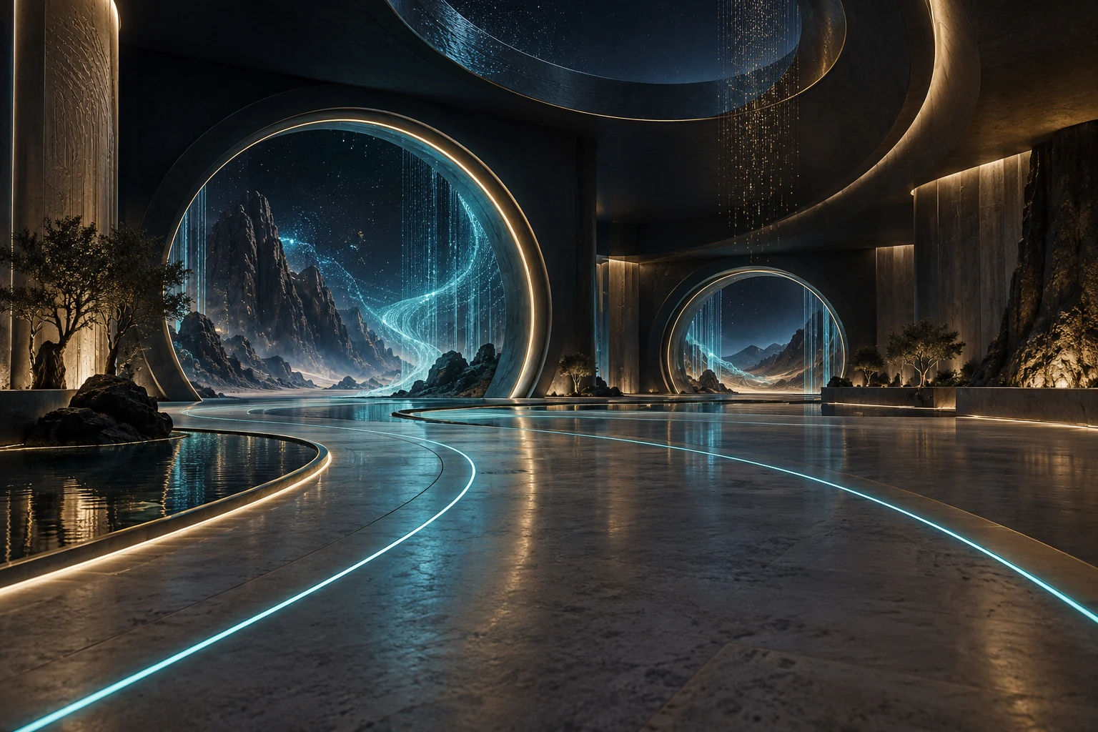 Illustrative immersive environment with monumental illuminated portals